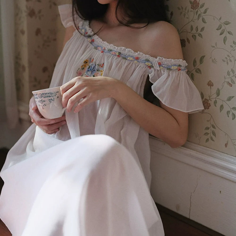 2026 new original design beautiful French hand-embroidered sweet nightgown 100% cotton nightdress women summer outerwear robe