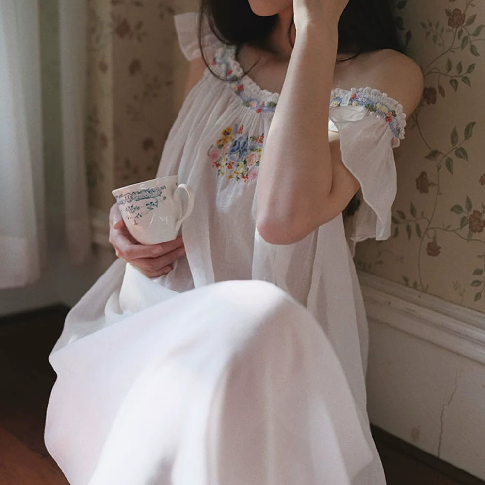 2026 new original design beautiful French hand-embroidered sweet nightgown 100% cotton nightdress women summer outerwear robe