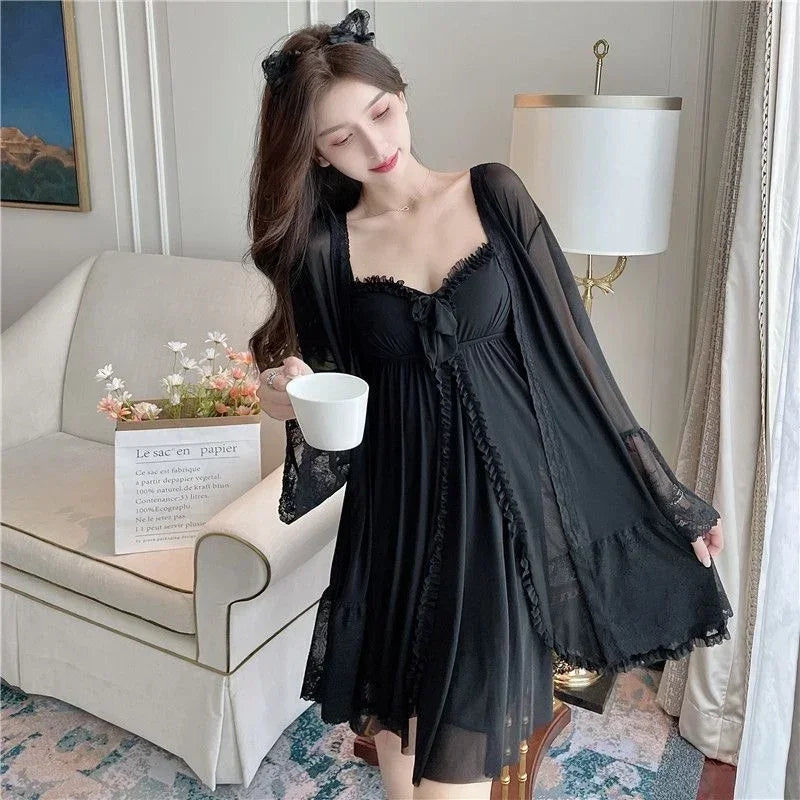 2026 Summer 2PCS Sexy Lace Lingerie Modal Mesh Nightgowns Robes Sets For Women Korean Bathrobes Sleepwear Nightdress Night Dress